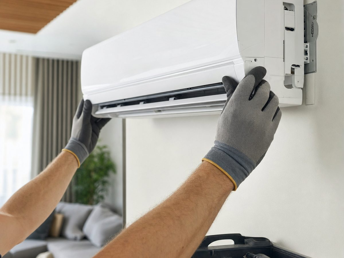 Installateur de pompe à chaleur air/air au travail